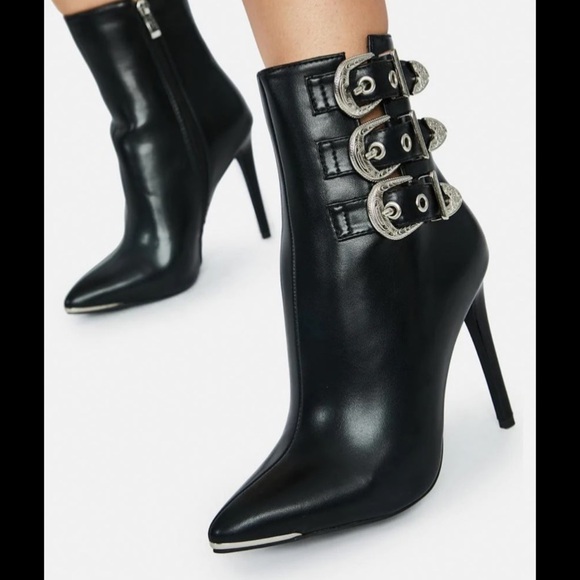 Azalea Wang Hamilton Leather buckles black Boots‎ moto size 10 high heels - Picture 10 of 16